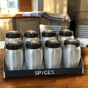 Vintage MCM Kromex Spun Aluminum Spice Jars Mountable Rack Set 1950s Homeware